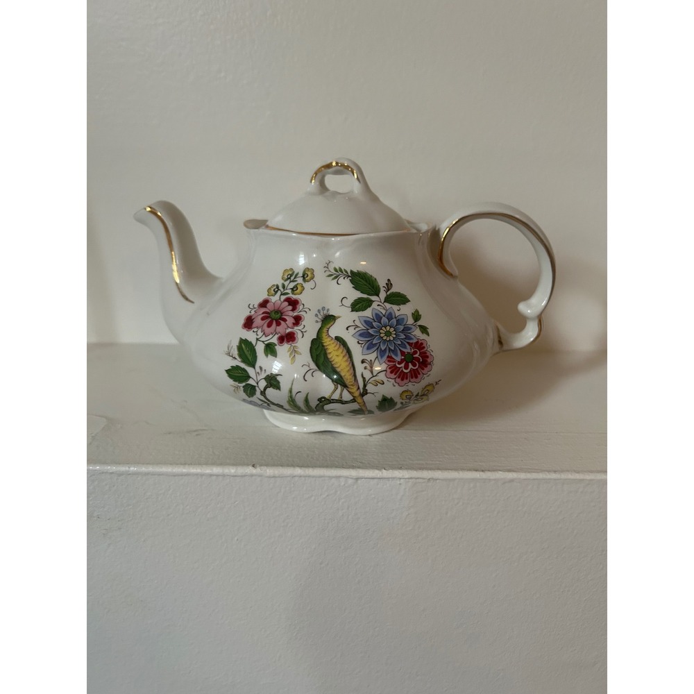 Ellgreave Wood & Sons Ironstone Teapot Bird and Floral Gold Gilt England 557 D